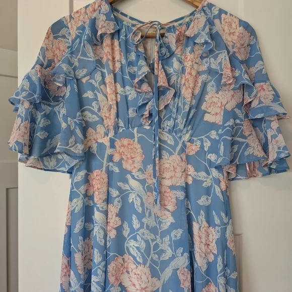 Gal Meets Glam Maxi Blue Pink Floral Shelby Dress Tie Neck Size 4 - Picture 6 of 10